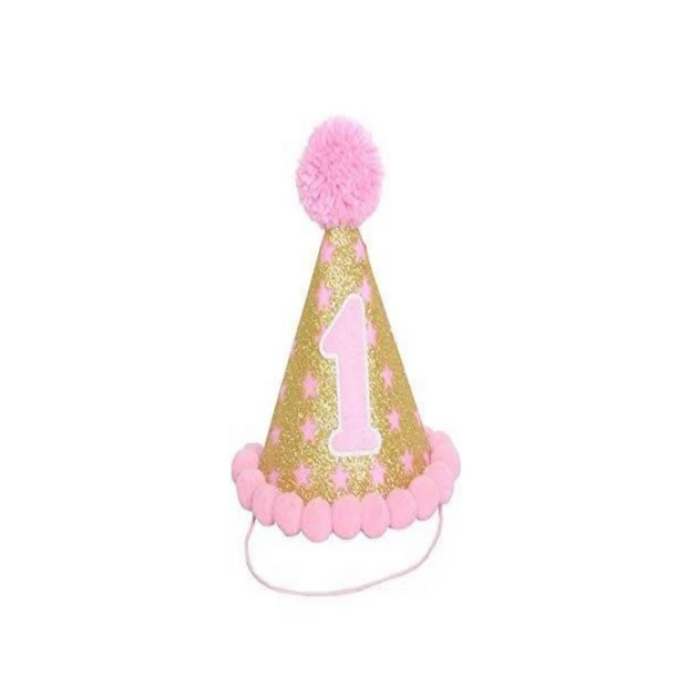 Party Hat. First Birthday, pink. gold and glitter. pompoms.  twinkle star | OrangeDolly