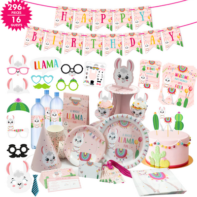 Llama party supplies. Llama birthday decorations. Complete party set. themed party. Plates. cups. banner. invitations. cake topper. props. cake holder. party bags. party hats. max 16 persons | OrangeDolly