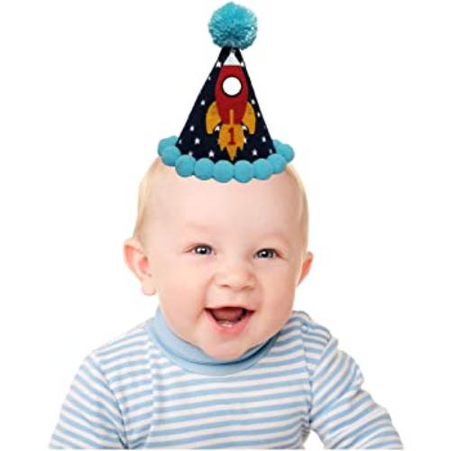 Party Hat. First Birthday, Space, Rocketship, Astronaut, Blue | OrangeDolly