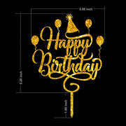 Cake Topper. Happy Birthday. Balloon. Party hat. Birthday party. Celebration decoration. Gold and Glitter | OrangeDolly